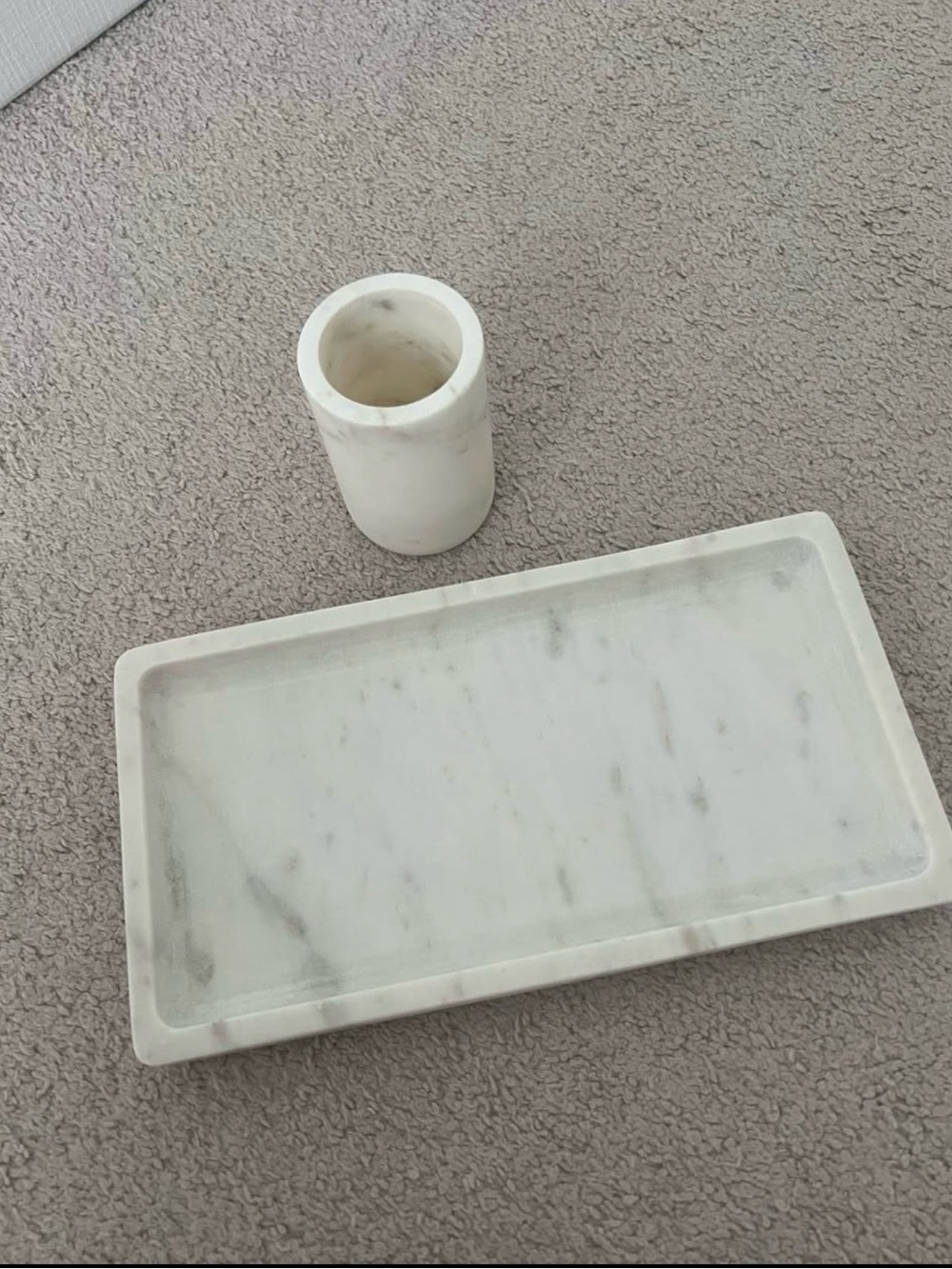 Pottery Barn White Marble Vanity Tray and Toothbrush Holder